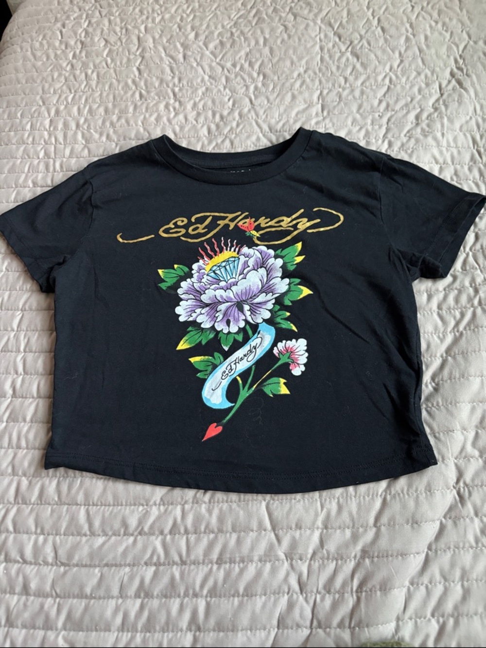 Ed Hardy Black short sleeve Tee with Purple Floral Graphic